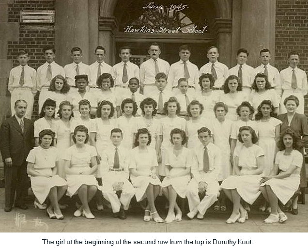 1945
The girl at the beginning of the second row from the top is Dorothy Koot.

