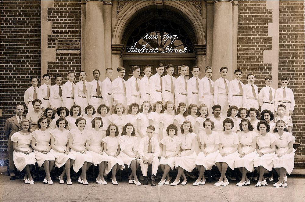 1947 Graduating Class
Top Row L to R: Sheldon Huber, Robert Dean, Arthur Hudock, John Hricko, Albert Sivlerstein, Tommy Warren, John Doktor, Ellis Staats, Dennis Mahoney, Walter Mealy, Henry Muller, Billy Hatfield, Fred Gasinski, Fred Youboud, Edward Stachera, Steve Skalenski, Raymound Lipit, Leonard Amaral, George Cchenowith, Anthony Chudyk.
Middle Row L to R: Mr Pasquale Sozio, Principal, Miss Catherine Blewitt, 8th Grade Teacher & Asst. Principal, Jane Loniak, Bridget Mangrella, Shelia Darcy, Barbara Wickham, Rita Patterson, Helen Kundrat, Jean Blazyk, Judy Allardyce, Joan Rees, Doris Snable, Madelyn Eckstein, Teresa Fagan, Barbara Wienbrenner, Betty Showells, Phyllis Rocke, Sophie Flynn, MaryAnn Marflak, Joan Silva, Mrs. Helen Hendershot 8th Grade teacher.
Bottom Row L to R:  Joan Meinwieser, Geraldine Gainfort, Joan Messick, Jean Messick, Barbara Charney, Doris Rottler, Alice Danielak, Hugh Nesbitt, Marilyn Bloom, Eleanor Tomesula, Marie Grasle, Marie Zigler, Arminda Gomes, Doris Hoover, Dorothy Toomy.

Photo from Walter Mealy
