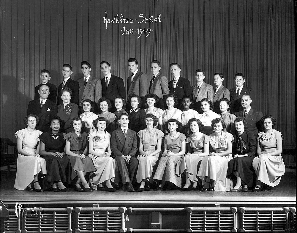 1949 January
Bottom row 2nd from left Willa Kate Zachary 6th Margaret Haugh 7th Carole Roggerman. 
Middle row 1st on left Mr. Schreiber VP 2nd from left Ms Blewitt, 6th Lydia Landi 9th Alma Jordan 10th Gertrude Hoy 11th Doris Keifer 12th Princ. Mr. Sozio. T
op Row 3rd from left George Schneider 6th Frank Soltys 7th Raymond Baumgartner


Photo from Lois Gardner

