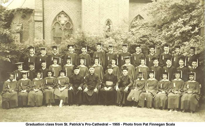 1955
Back row: L – R - John Jones, Tom O’Neill, Ralph Correa, Tom Blasi, Nathan Gardner, Bill Forlenza, Bob Donovan, John Finneran, Ron Falk, Ben DeLorenzi, Soren Sorenson, Henry Petrucka, Nick Russo

Middle row: L – R - Don Curran, Harry Sindach, Jim Bell,  Pat McDonald, Shirley Leonard, Edna Cogan, Rosemary Mossberg,  Pat Finnegan, Peggy Harrison, Mae Rose Henry, Tom Quick, Jim Rush, Bob Hladny, Robert Kennedy.

Front row: L – R - Lois Butler,  Betty Durante, Theresa Ferrara, Delores Santa Maria, Marilyn Weidner,  Father Berry,  Father Whelan,  Msgr. Looney,  Father Quinlan,  Louise Butler, Santa ?,  Barbara Magin,  Roberta Allen, ?
