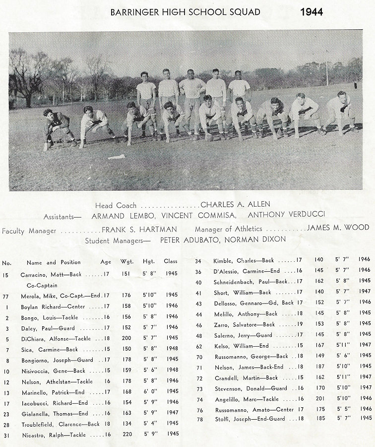 1944
Photo from Game Day Program
East Orange vs Barringer
Thursday November 23, 1944
