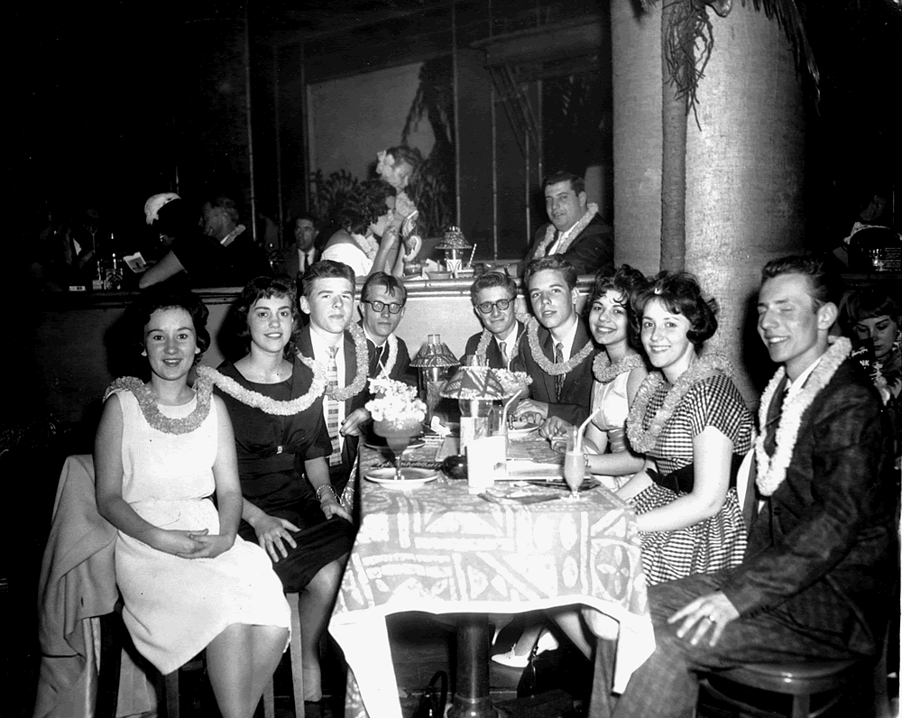 1960 Senior Rec Day
Here is a photo taken of me and some classmates on Senior Rec day in 1960. We are at the Hawaiian room in the Lexington hotel in Manhattan. We're all there with our fake ID's. From left to right is Helen Pepsin, Mary Hoelzel, Dennis O'Keefe, John Miktus, Don Smith, Henry Winkler, Madeline Sabatino, Pat Rufolo, and Bob Stunger. This photo is posted on my Classmates site also. It's the only photo I have from High School."
Provided by Henry Winkler, c/o 1960
