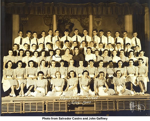 1940 June
In the center is Miss Blewitt, home room teacher (in the light dress).  
To the right of her is Mrs. Achinbach, the Principal (in the dark dress). 
Salvador Castro is standing behind Miss Blewitt. 

