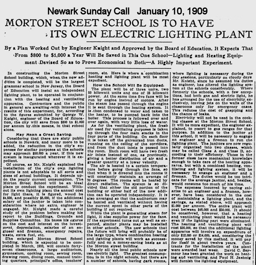 Morton Street School is to Have Its Own Electric Lighting Plant
January 10, 1909
