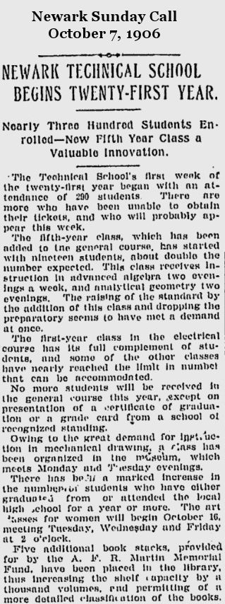 Newark Technical School Begins Twenty-First Year
October 7, 1906

